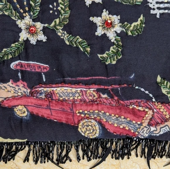 Vintage Hand Beaded Retro Cars Fringe Black Purse Boho Tote Bamboo Handle - Picture 4 of 13